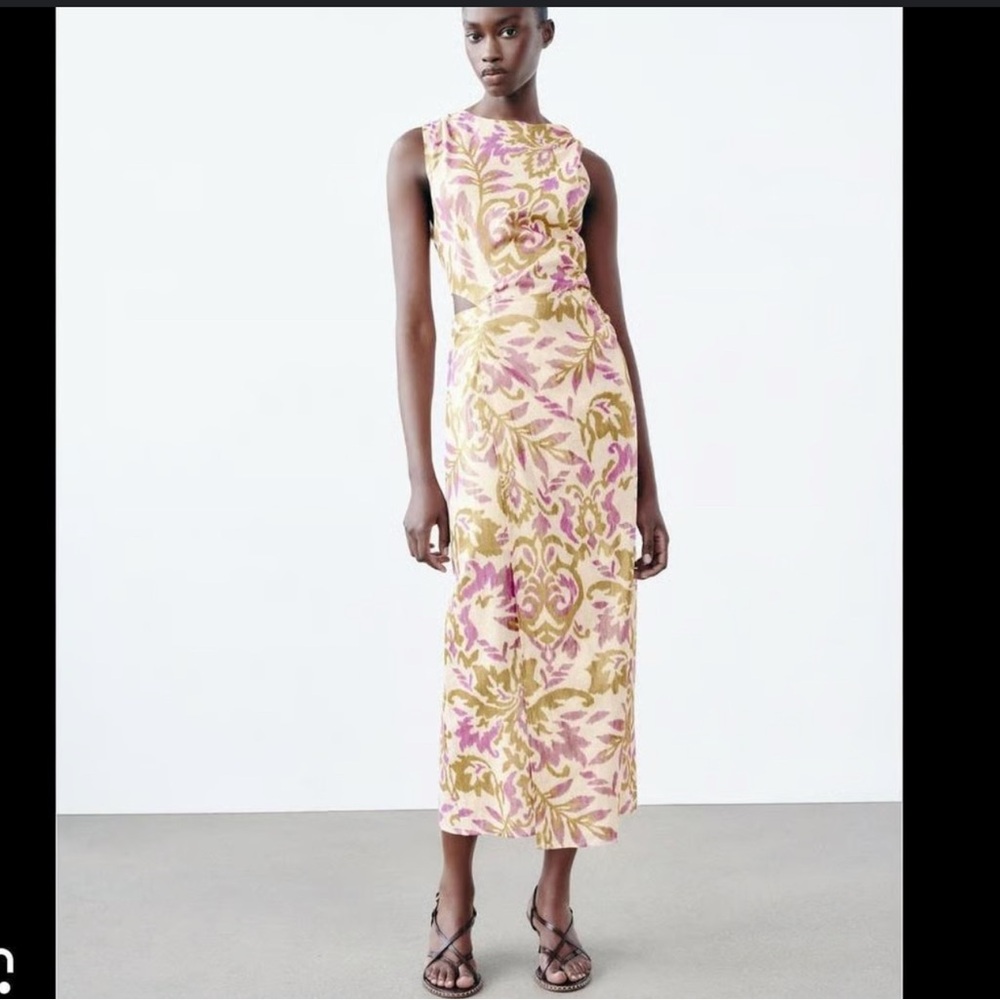 Zara Pink and Green Patterned Midi Dress